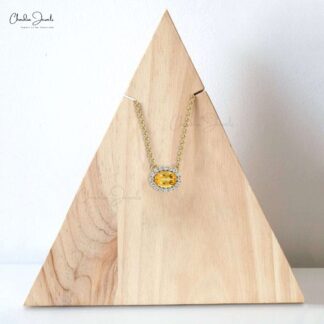 Halo Necklace With Natural 0.75ct Citrine & Diamond 14k Solid Gold Minimalist Necklace For Bridal Gift