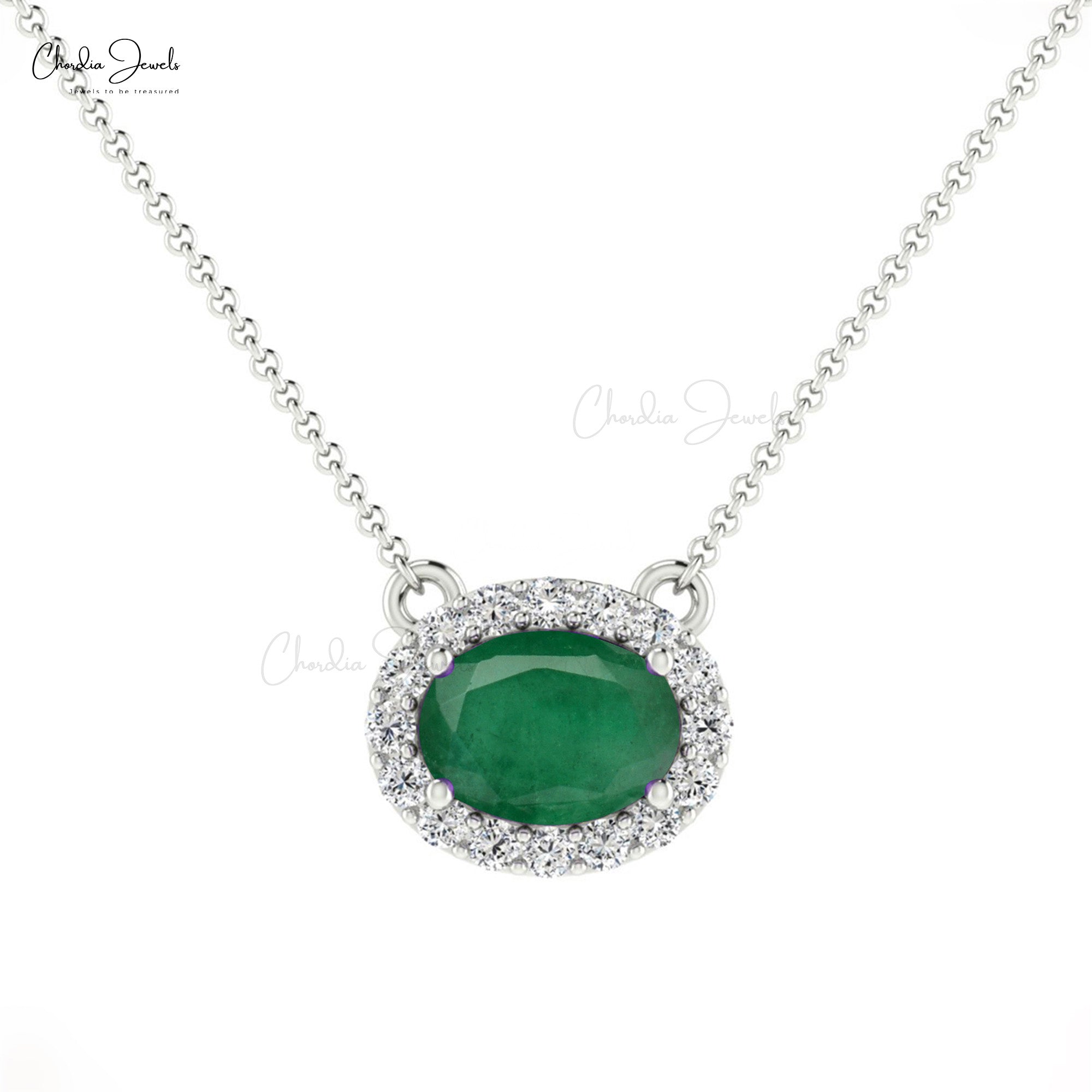 Oval 0.7ct Emerald Diamond Halo Necklace 14k Solid Gold Prong Set Women’s Gemstone Necklace