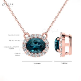 Natural London Blue Topaz Necklace in 14k Solid Gold, 7x5mm Oval Faceted Gemstone Necklace, Wedding Necklace for Gift