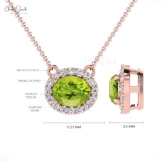 Natural Peridot and Diamond Necklace, 14k Solid Gold Necklace, 0.75 Carat Oval Faceted Gemstone Necklace, Bridesmaid Necklace for Gift