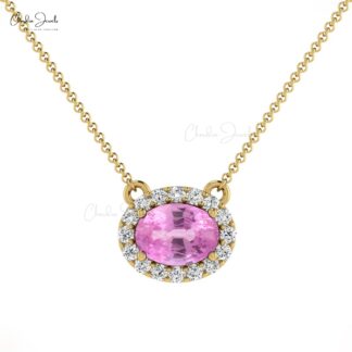Natural Pink Sapphire Necklace, 14k Solid Gold Diamond Necklace, 0.75 Carats Oval Faceted Gemstone Necklace Women’s Jewelry, Gift for Her