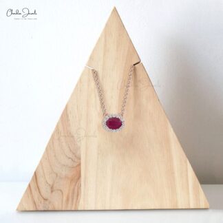 Halo Necklace With 0.7ct Ruby & Diamond Accents Hallmarked 14k Real Gold Birthstone Necklace