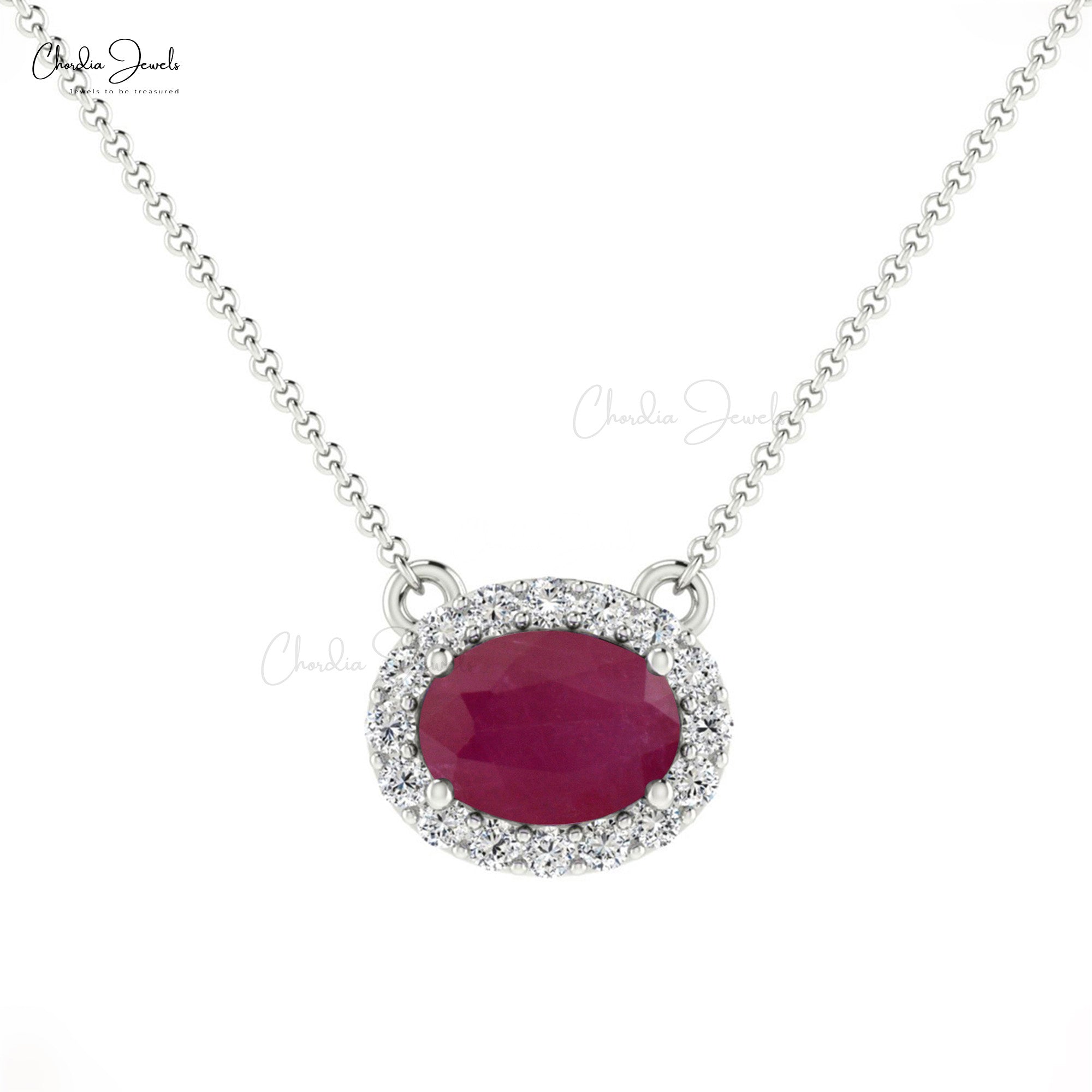 Halo Necklace With 0.7ct Ruby & Diamond Accents Hallmarked 14k Real Gold Birthstone Necklace