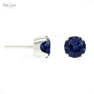 Real 14k Gold Natural Blue Sapphire Earrings 0.6 Ct Round Cut Gemstone Minimal Earrings Handmade Jewelry For Women