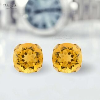 0.6 Carat Genuine Citrine Round Gemstone Earring 14k Solid Gold Studs