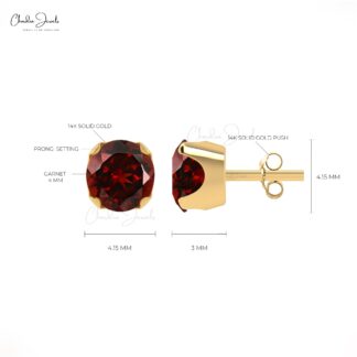 Natural Garnet Studs 4mm Brilliant Round Cut Earrings For Gift 14k Real Gold Minimalist Stud Earrings Fine Jewelry For Her