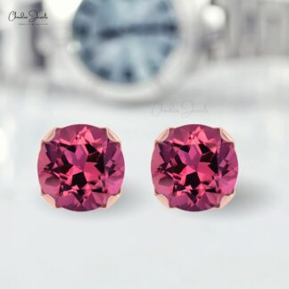 Genuine Pink Tourmaline 4mm Round Cut Gemstone Studs Earring 14k Solid Gold Studs For Her