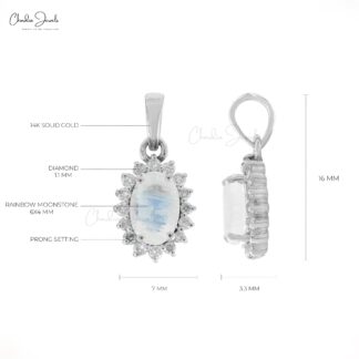 Halo Gemstone Charm In 14k White Gold Moonstone And Diamond Dangle Pendant