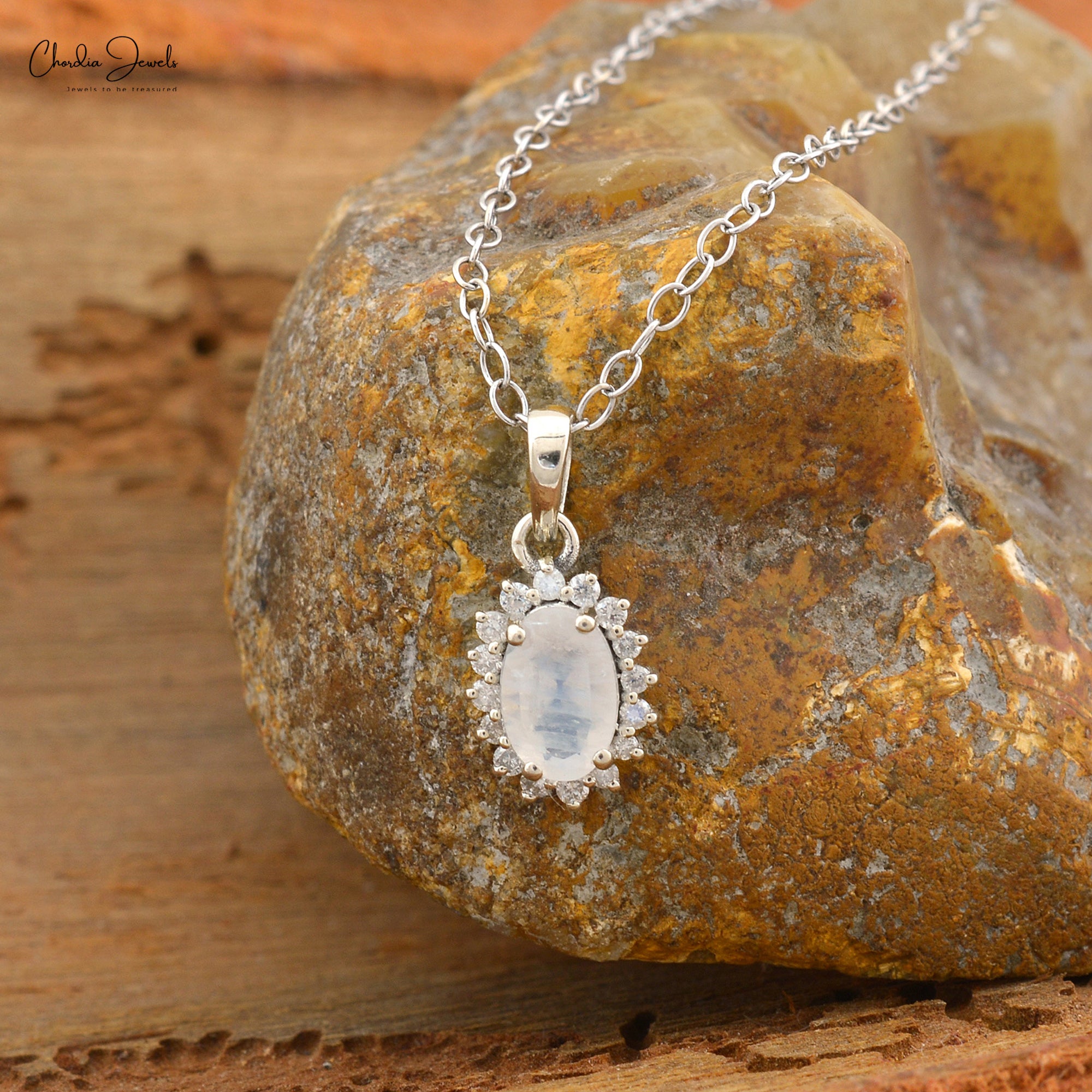 Halo Gemstone Charm In 14k White Gold Moonstone And Diamond Dangle Pendant