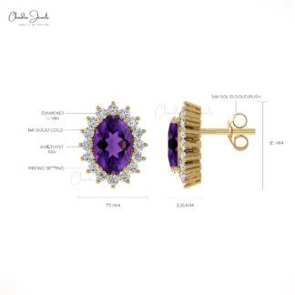 Genuine Purple Amethyst 6x4mm Oval Cut Halo Earrings, 14 Solid Gold April Birthstone Diamond Wedding Earrings, 0.88 Ct Gemstone Hallmarked Jewelry For Her