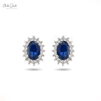 Oval Cut 14k White Gold Stud With 1.16 Ct Blue Sapphire And Diamond Earrings For Her