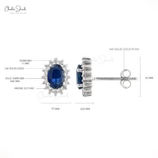 Oval Cut 14k White Gold Stud With 1.16 Ct Blue Sapphire And Diamond Earrings For Her