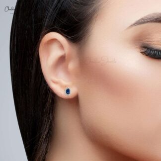 Oval Cut 14k White Gold Stud With 1.16 Ct Blue Sapphire And Diamond Earrings For Her