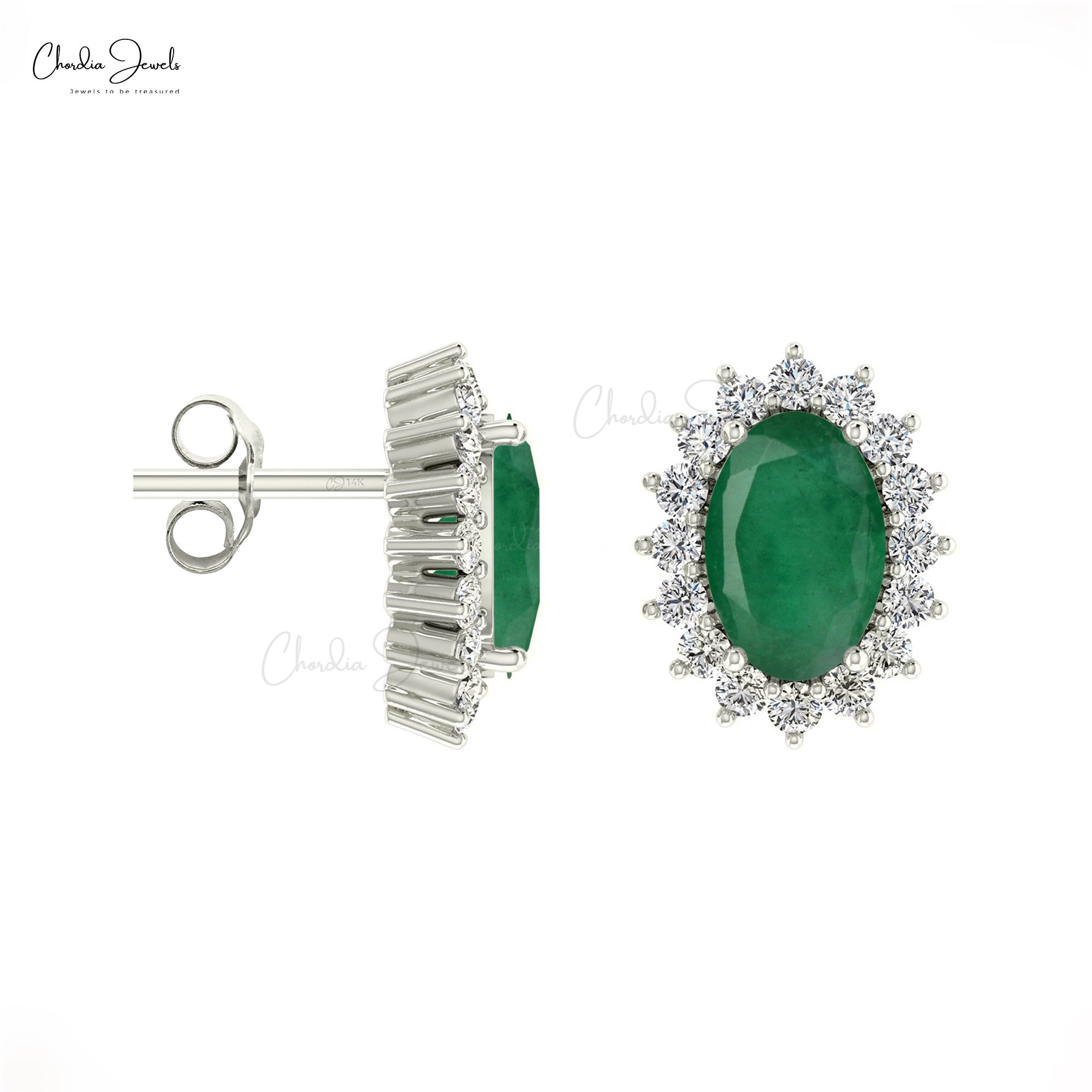 Natural Emerald & Diamond Halo Earrings In 14k Solid Gold