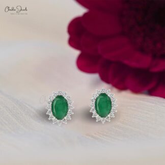 Natural Emerald & Diamond Halo Earrings In 14k Solid Gold