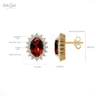Natural Garnet Halo Earrings 14k Solid Gold Diamond Handmade Earrings 6x4mm Oval Gemstone Fine Jewelry For Surprise Gift