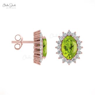 Green Peridot 6x4mm Oval Cut Gemstone Earrings For Summer Jewelry 14k Real Gold Diamond Prong Set Handmade Earrings