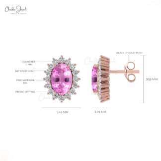 Iconic Pink Sapphire Dainty Earrings 6x4mm Oval Gemstone Minimalist Earrings Genuine 14k Real Gold Diamond Halo Earrings For Graduation Gift