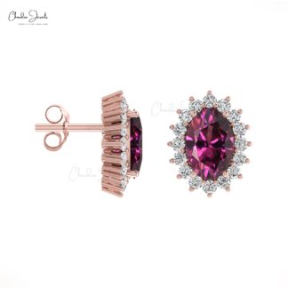 Gemstone Halo Studs in 6x4mm Rhodolite Garnet Diamond 14k Real Gold Minimal Earrings