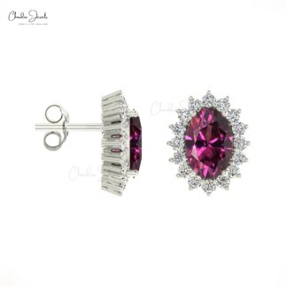 Gemstone Halo Studs in 6x4mm Rhodolite Garnet Diamond 14k Real Gold Minimal Earrings