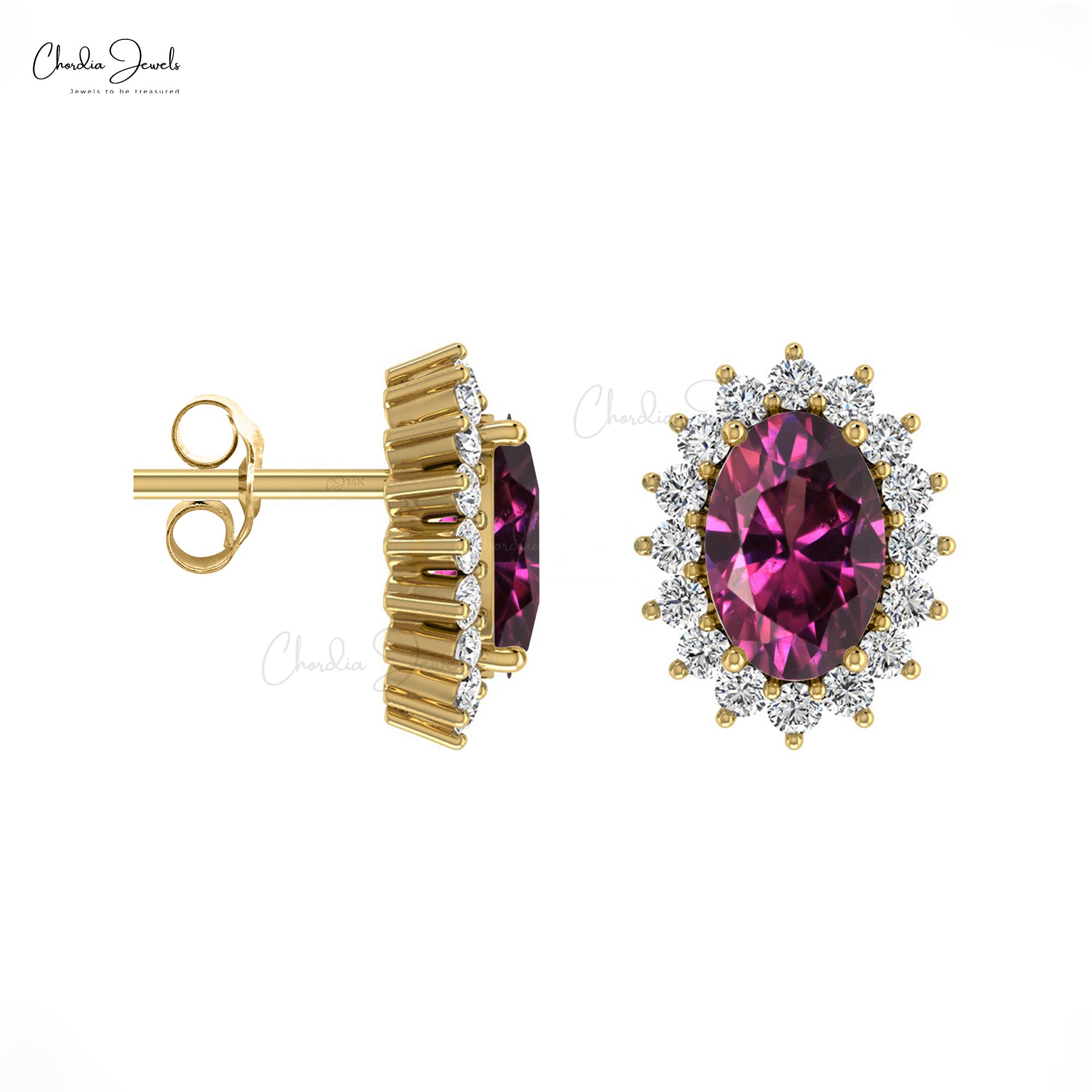 Gemstone Halo Studs in 6x4mm Rhodolite Garnet Diamond 14k Real Gold Minimal Earrings