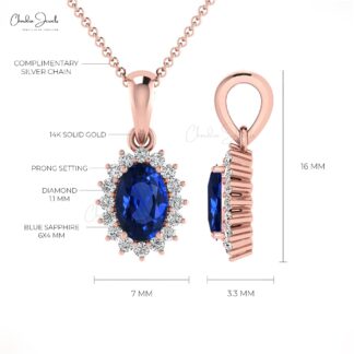 Oval Cut Dangle Pendant With 0.58 Ct Blue Sapphire Diamond Halo Pendant in 14k Solid Gold