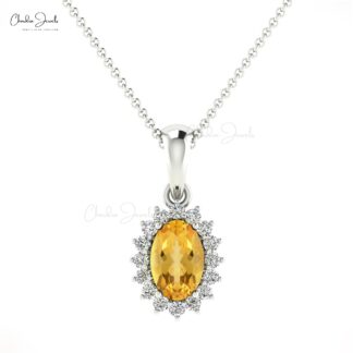 Oval Gemstone Dangle Charm in 14k Real Gold Citrine And Diamond Halo Pendant For Her