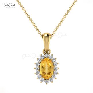 Oval Gemstone Dangle Charm in 14k Real Gold Citrine And Diamond Halo Pendant For Her