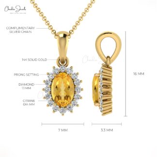 Oval Gemstone Dangle Charm in 14k Real Gold Citrine And Diamond Halo Pendant For Her
