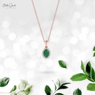 Natural Emerald Diamond Halo Pendant 14k Solid Gold Minimalist Pendant For Birthday Gift
