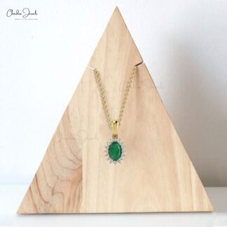 Natural Emerald Diamond Halo Pendant 14k Solid Gold Minimalist Pendant For Birthday Gift