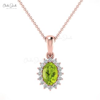 Natural Peridot Dangle Pendant In 14k Solid Gold Gemstone And Pave Diamond Pendants