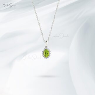 Natural Peridot Dangle Pendant In 14k Solid Gold Gemstone And Pave Diamond Pendants