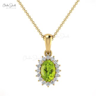 Natural Peridot Dangle Pendant In 14k Solid Gold Gemstone And Pave Diamond Pendants