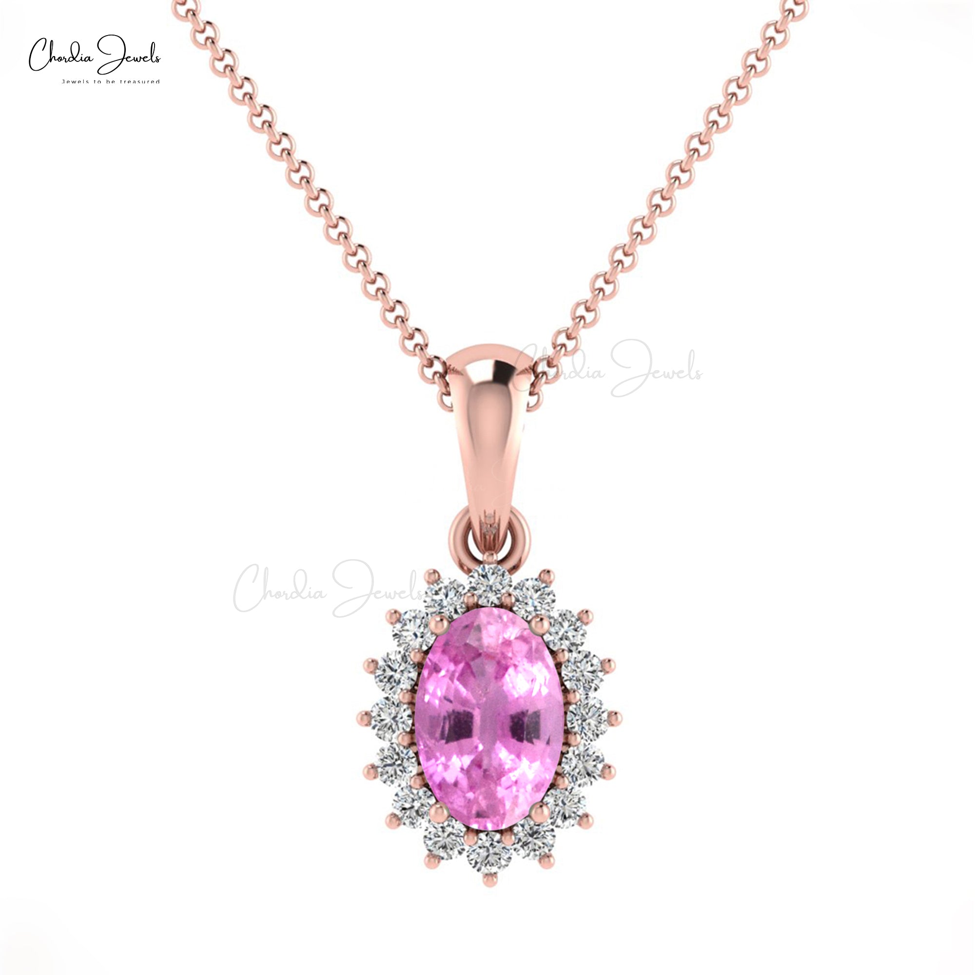 Natural Pink Sapphire 0.58 Ct Gemstone and Halo Diamond 14k Real Gold Unique Pendant
