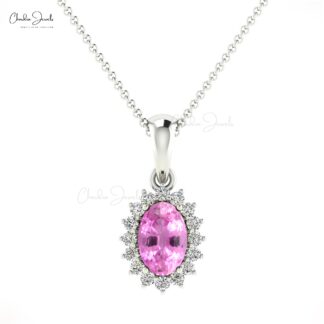 Natural Pink Sapphire 0.58 Ct Gemstone and Halo Diamond 14k Real Gold Unique Pendant