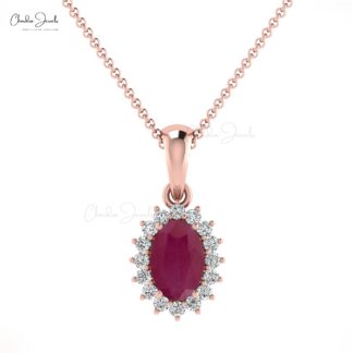 Oval Cut Halo Diamond Pendant in 14k Solid Gold With 6x4mm Ruby Gemstone Pendants