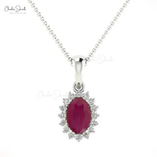 Oval Cut Halo Diamond Pendant in 14k Solid Gold With 6x4mm Ruby Gemstone Pendants