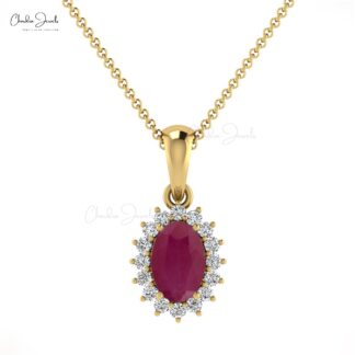 Oval Cut Halo Diamond Pendant in 14k Solid Gold With 6x4mm Ruby Gemstone Pendants