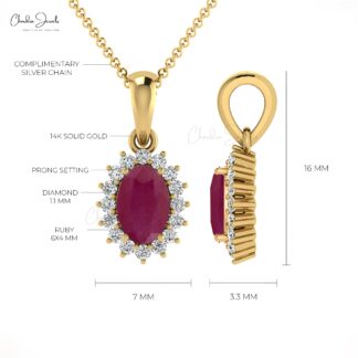Oval Cut Halo Diamond Pendant in 14k Solid Gold With 6x4mm Ruby Gemstone Pendants