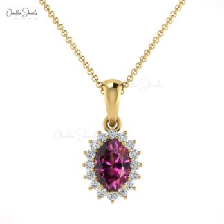 Oval Cut Dangle Pendant In 14k Solid Gold Rhodolite Garnet And Diamond Halo Pendant