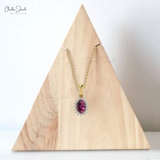 Oval Cut Dangle Pendant In 14k Solid Gold Rhodolite Garnet And Diamond Halo Pendant