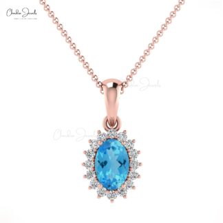 Halo Diamond Minimal Pendant With 0.58 Ct Natural Swiss Blue Topaz 14k Solid Gold Pendant