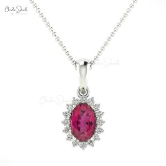 Oval Gemstone Pendant In 14k Solid White Gold Pink Tourmaline Halo Diamond Women Necklace