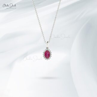 Oval Gemstone Pendant In 14k Solid White Gold Pink Tourmaline Halo Diamond Women Necklace