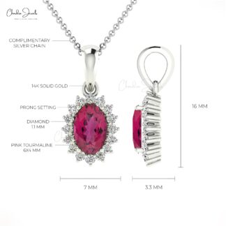 Oval Gemstone Pendant In 14k Solid White Gold Pink Tourmaline Halo Diamond Women Necklace