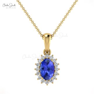 Luxury Women Simple Round Natural White Diamond Pendant Necklace December Birthstone Blue Tanzanite Pendant in 14k Pure Gold Gift For Wife