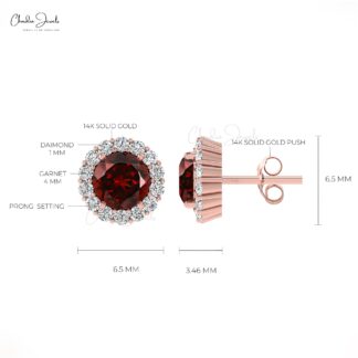 Natural 4mm Round Cut Garnet And Diamond Halo Earrings