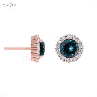 Halo Diamond Push Back Studs In 14k Solid Gold London Blue Topaz Minimal Earrings For Her