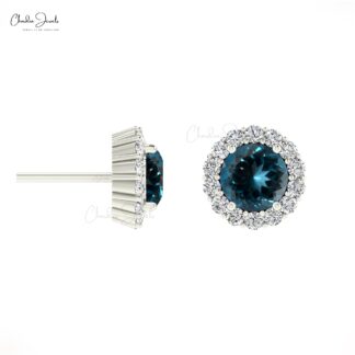 Halo Diamond Push Back Studs In 14k Solid Gold London Blue Topaz Minimal Earrings For Her